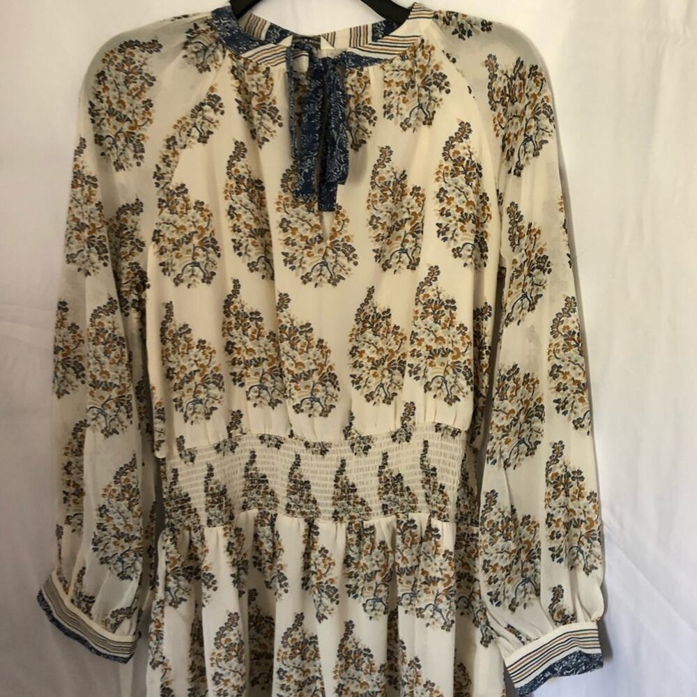 Lucky Brand Georgette Mixed Print Peasant Long Sleeve Dress Ivory Blue Small NEW - Picture 2 of 8